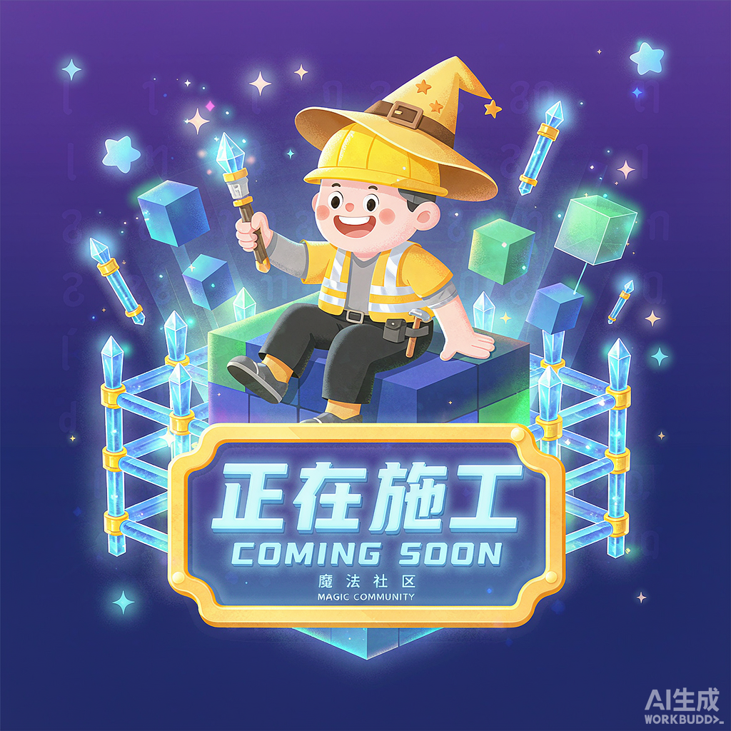 魔法社区施工中插画：戴着巫师帽的小小建造者坐在发光的魔法方块上